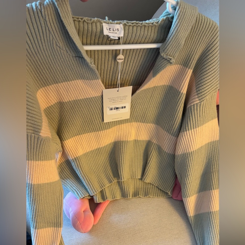 bohme Olive Green and Cream Striped Ribbed V-Neck Sweater